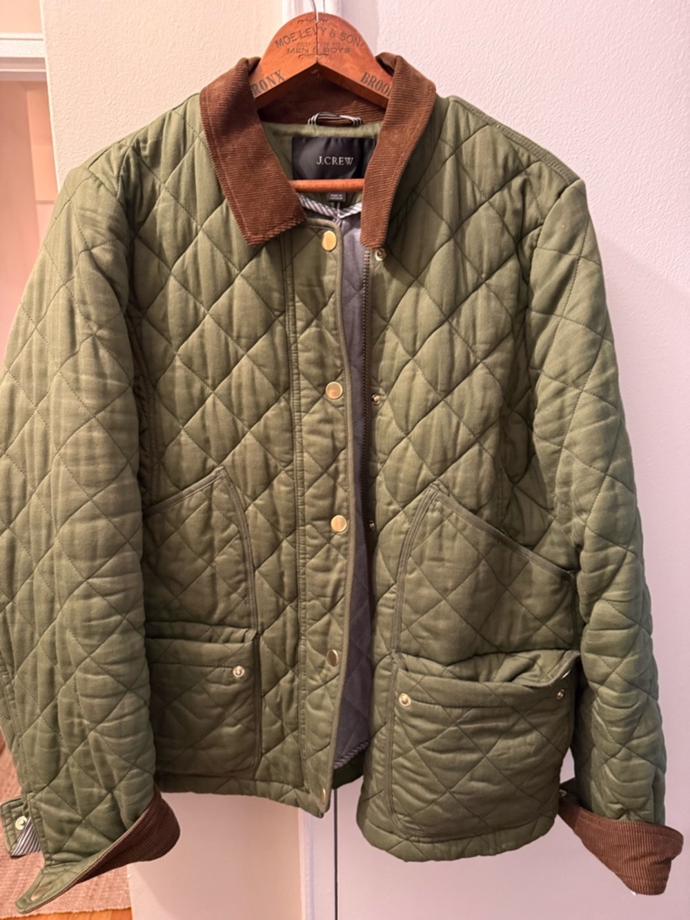 J. Crew Olive Green Quilted Field Jacket with Brown Corduroy Collar